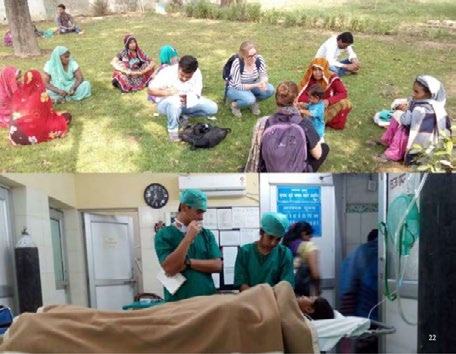 Collage of images showing community health outreach with people sitting on grass, and medical professionals attending to a patient in a hospital.