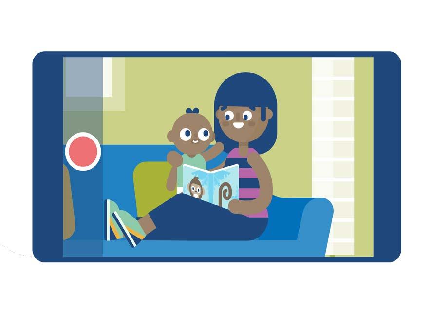 Smartphone screen showing a mother reading a book to a baby on a couch, with a red record button indicating video.