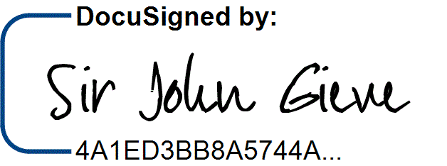 Digital signature indicating "DocuSigned by: Sir John Gieve" followed by a hexadecimal verification code.