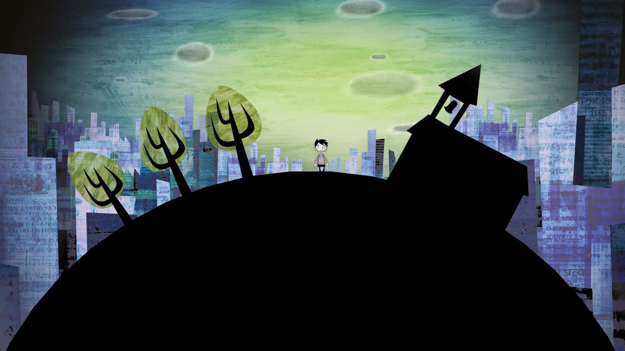 Stylized cartoon of a small person on a hill with trees and a church, overlooking a city skyline under a green-blue sky.