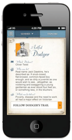 Screenshot of a mobile app displaying character information for "Artful Dodger," including details about his identity, description, and fate, with a "FOLLOW DODGER'S TRAIL" button.