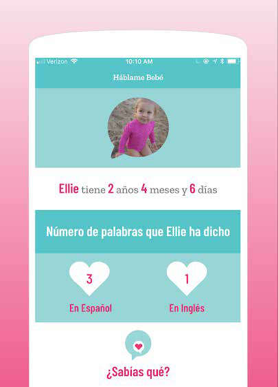 Mobile app screenshot for "Háblame Bebé," showing a child's age and count of words spoken in Spanish and English.