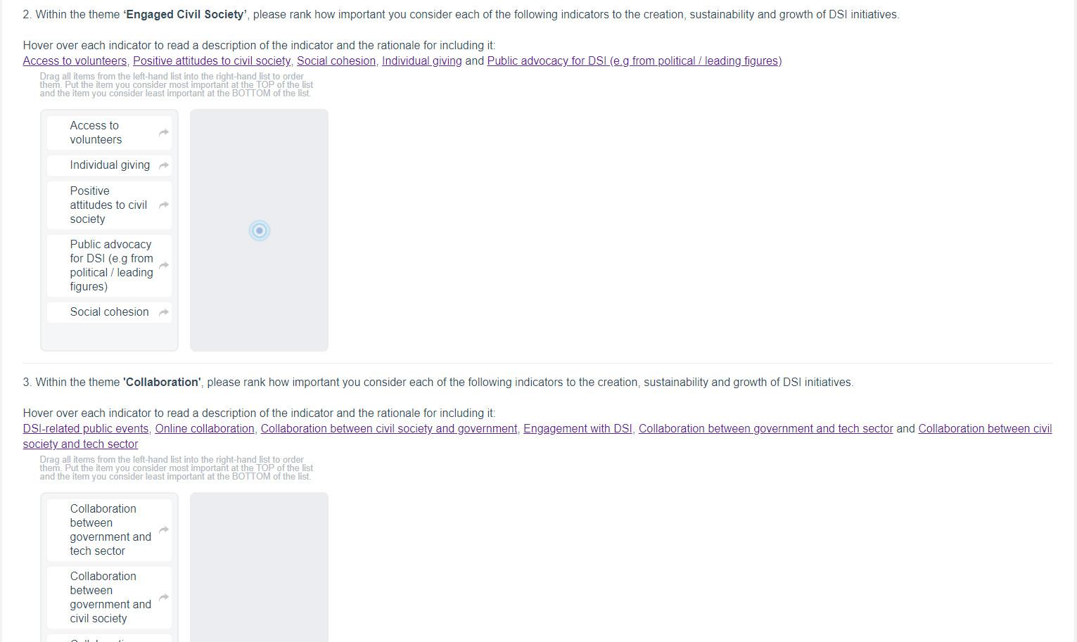 Screenshot of a web survey interface showing the ranking of indicators within 'Engaged Civil Society' and 'Collaboration' themes.
