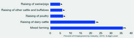 Horizontal bar chart showing percent of employment by industry in 2015, with mixed farming having the highest percentage.