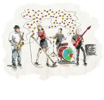 A band performing with musical instruments, surrounded by molecular diagrams and a pie chart on the drum, symbolizing interconnected concepts.