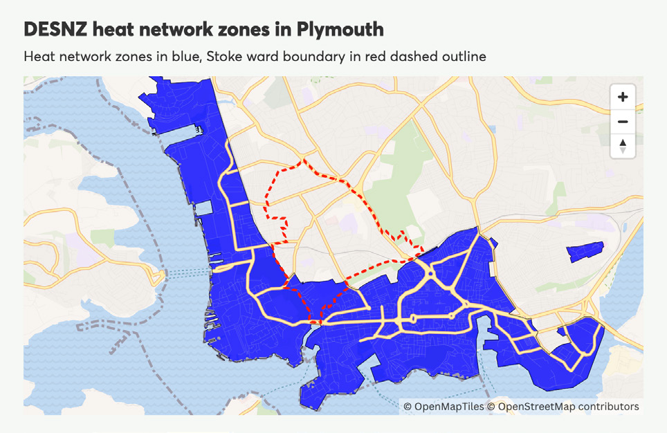 Map displaying DESNZ heat network zones in blue across Plymouth, with the Stoke ward boundary indicated by a red dashed outline.