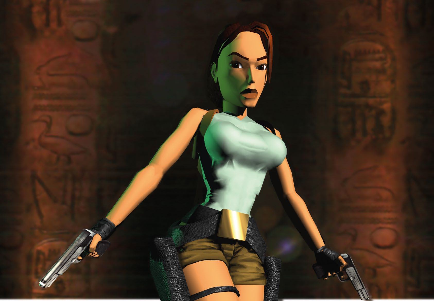The video game character Lara Croft, holding two pistols, standing against a backdrop of ancient carvings.