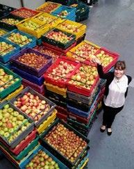 A woman stands smiling amidst tall stacks of colorful crates overflowing with fresh apples.