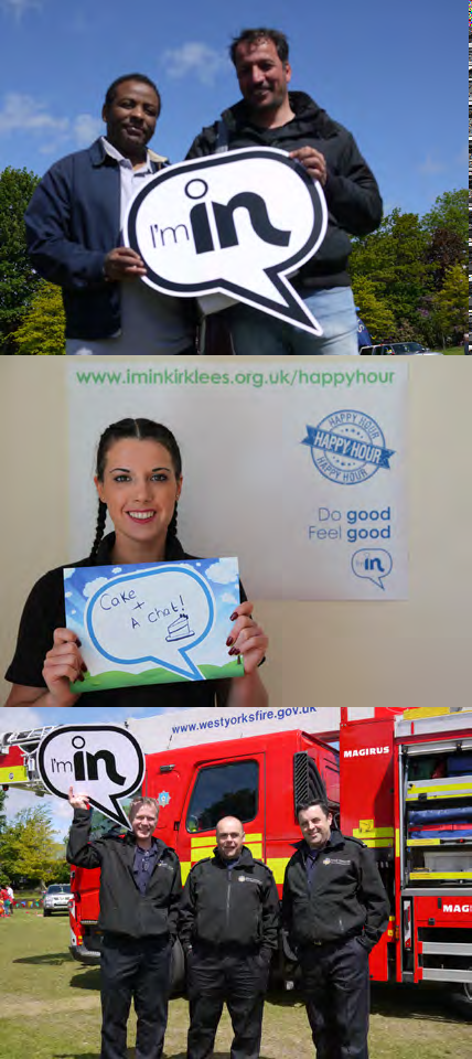 Collage of three photos showing diverse individuals, including firefighters, holding "I'm in" campaign signs, promoting community involvement and events like "Happy Hour" and "Cake + A chat".