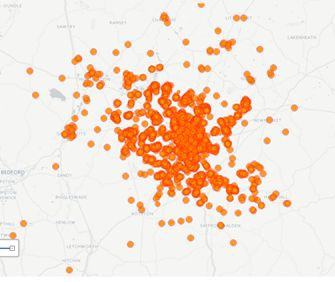 Map showing geographical distribution of data points, represented by numerous orange dots concentrated around towns like Bedford, Sandy, and Letchworth.