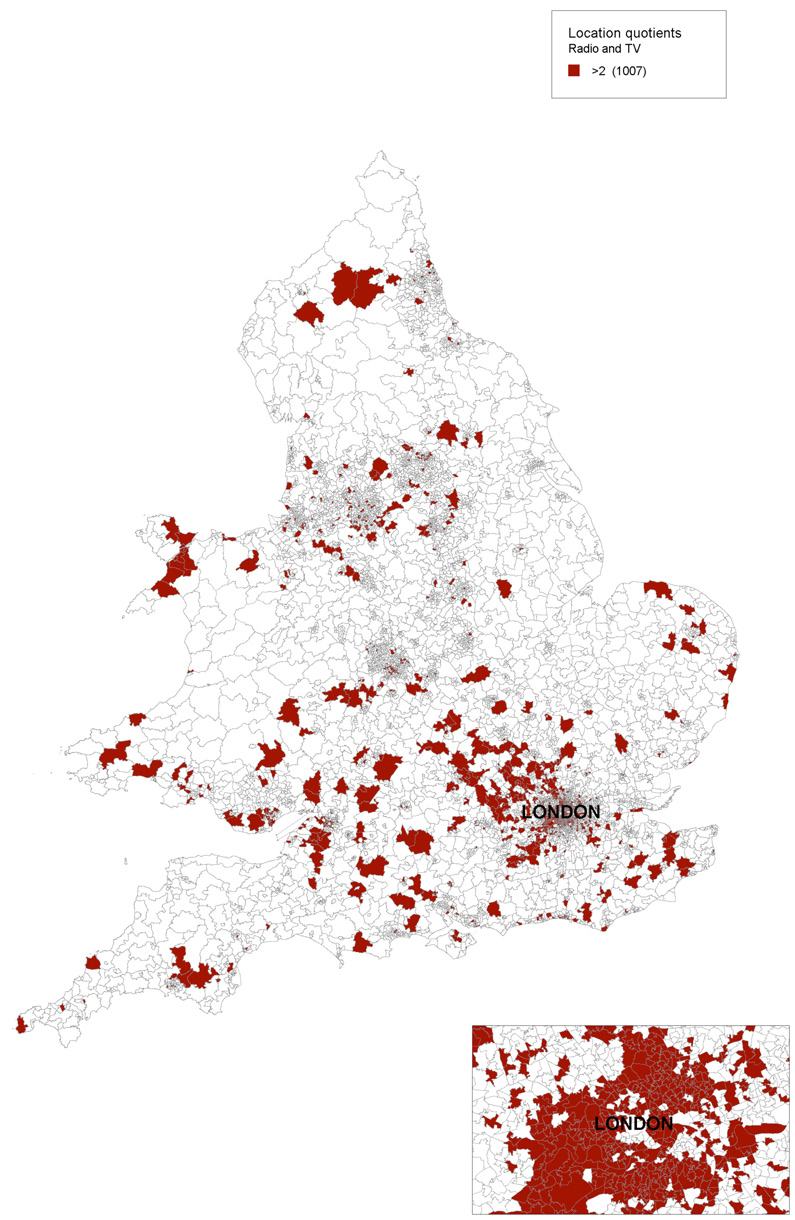 Map of England highlighting areas with radio and TV location quotients of 2 or more. Includes a zoomed-in view of London.
