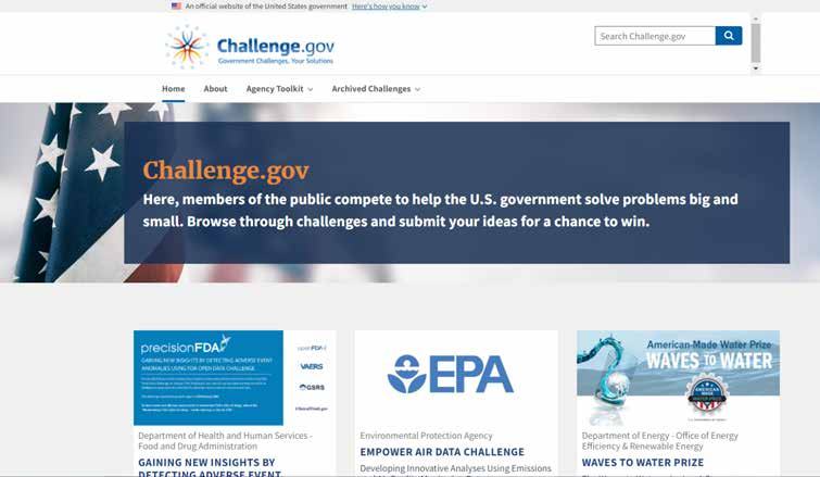 Screenshot of the Challenge.gov website homepage, displaying active challenges and information about contributing to government solutions.