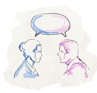 Two stylized people facing each other with an empty speech bubble above, illustrating communication or dialogue.