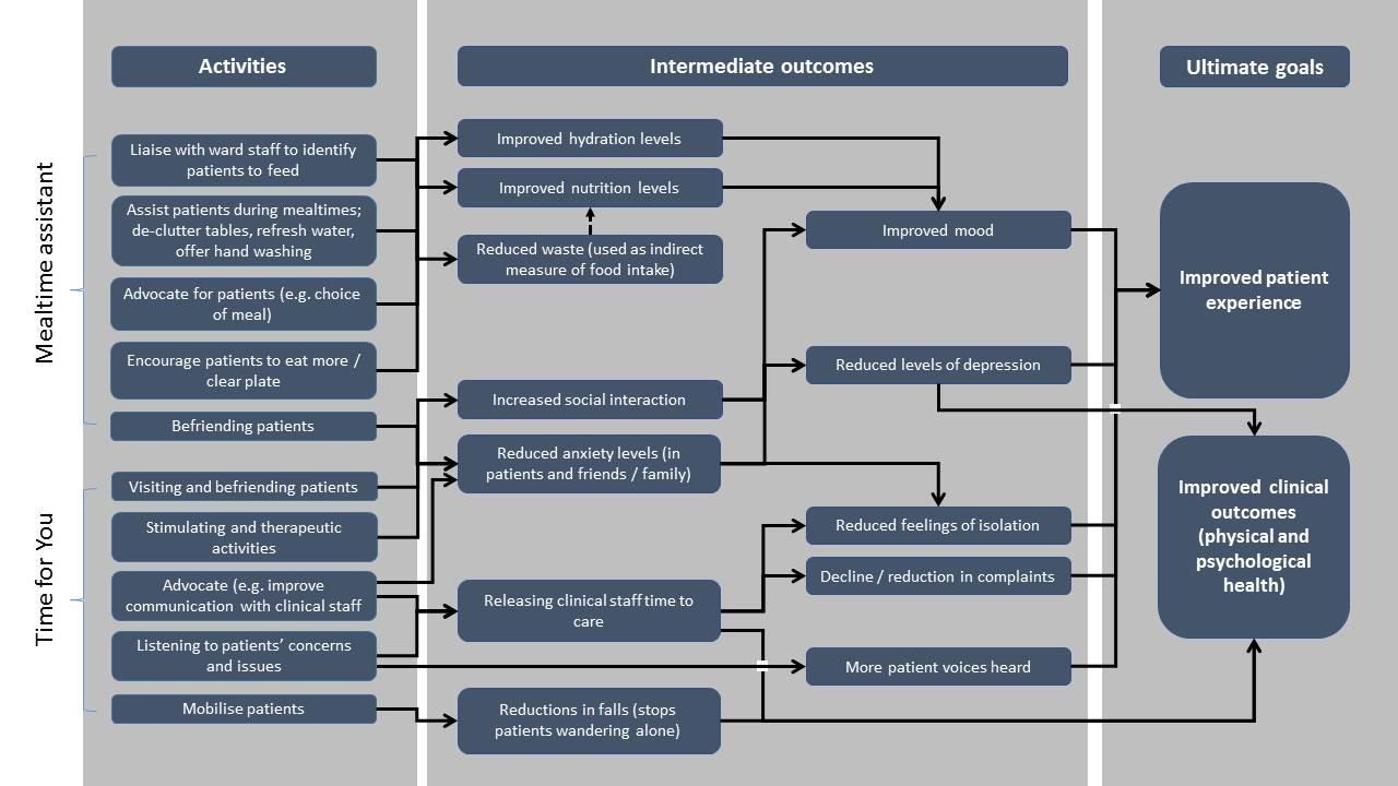 Flowchart detailing activities, intermediate outcomes, and ultimate goals for mealtime assistants and "Time for You" roles, improving patient experience and clinical outcomes.