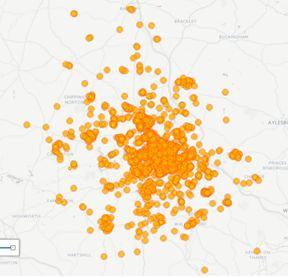 Map showing geographical distribution of data points, represented by numerous orange dots concentrated around towns like Aylesbury, Buckingham, and Bicester.