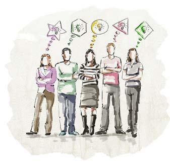 Illustration of five people with different shaped thought bubbles containing lightbulbs, representing diverse ideas or perspectives.