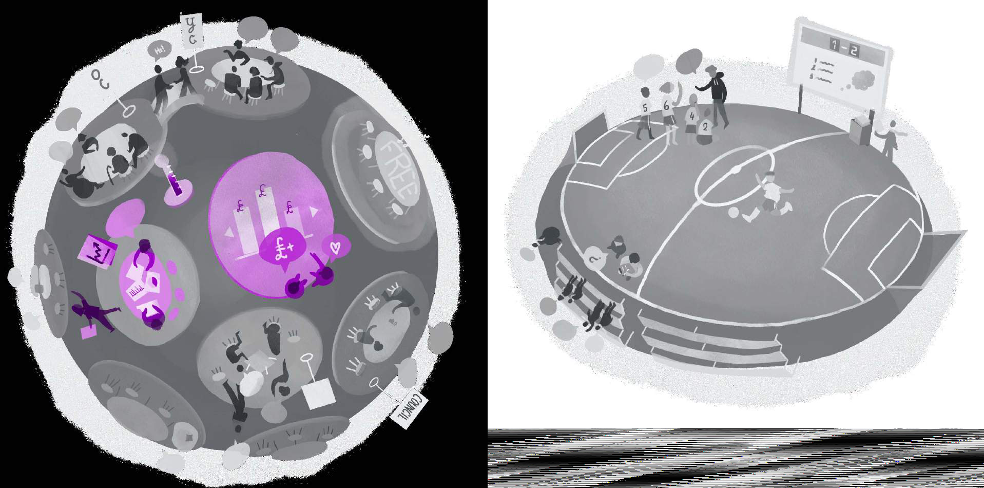 Two illustrations: left shows a spherical community with activity zones and financial data; right shows a circular soccer field with players, scoreboard, and spectators.
