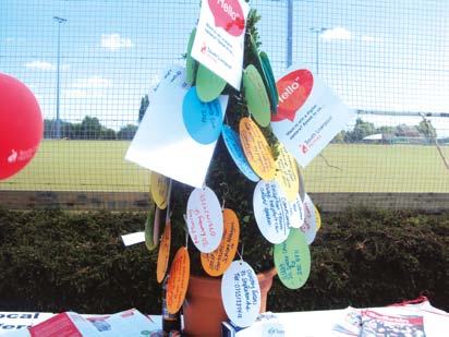 A small potted tree decorated with "Hello" tags and handwritten messages, an interactive display at an outdoor event.
