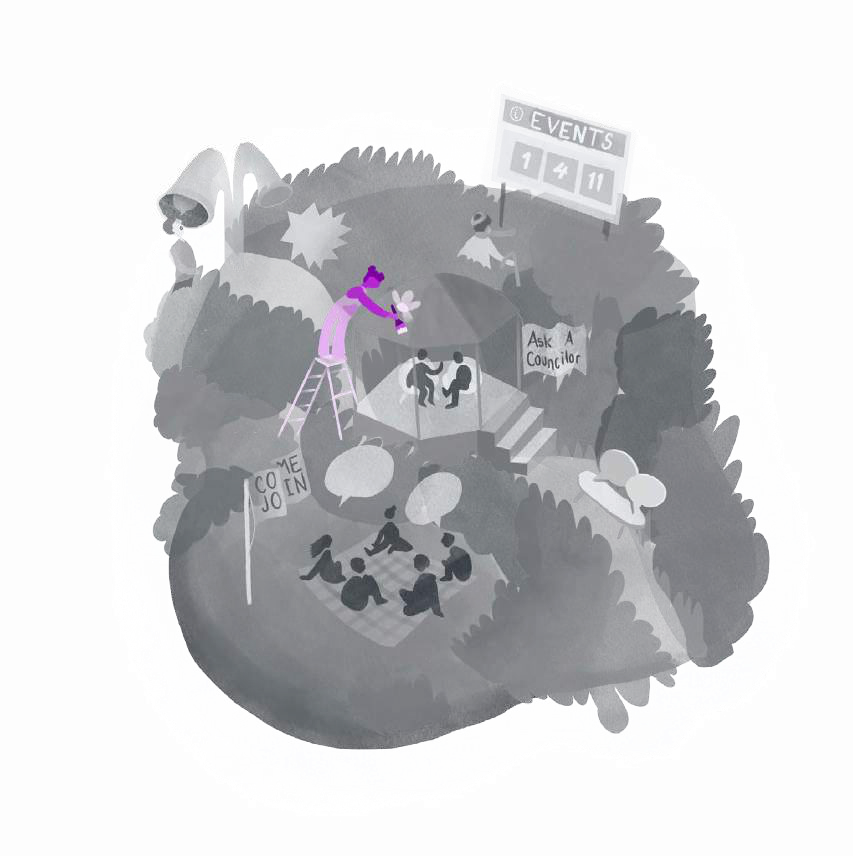 Illustration of an outdoor community event with an 'EVENTS' scoreboard, people picnicking, an 'Ask A Councilor' stall, and a 'COME JOIN' sign.