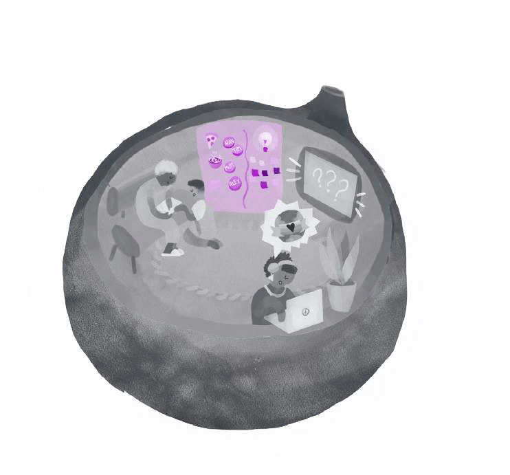 Conceptual illustration of an internal space with people collaborating on ideas, using a laptop, meditating, and a screen displaying '???'.
