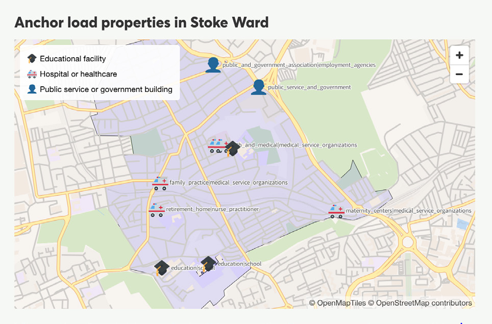 Map of Stoke Ward identifying anchor load properties such as educational, healthcare, and public service facilities with distinct icons.