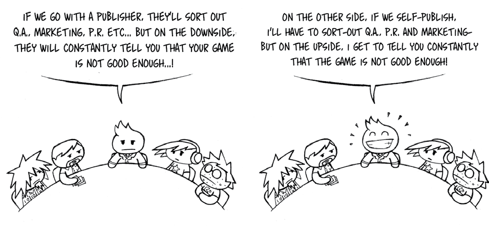 Two-panel comic comparing publisher vs. self-publishing: publisher handles tasks but criticizes, self-publishing means more work but control over criticism.