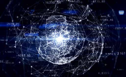Abstract digital network of interconnected nodes and lines forming a sphere, surrounded by various numbers, representing data or a network.