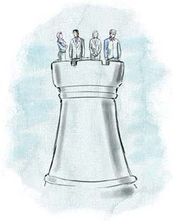 Illustration of four business people standing on top of a chess rook, symbolizing strategic leadership or a strong position.