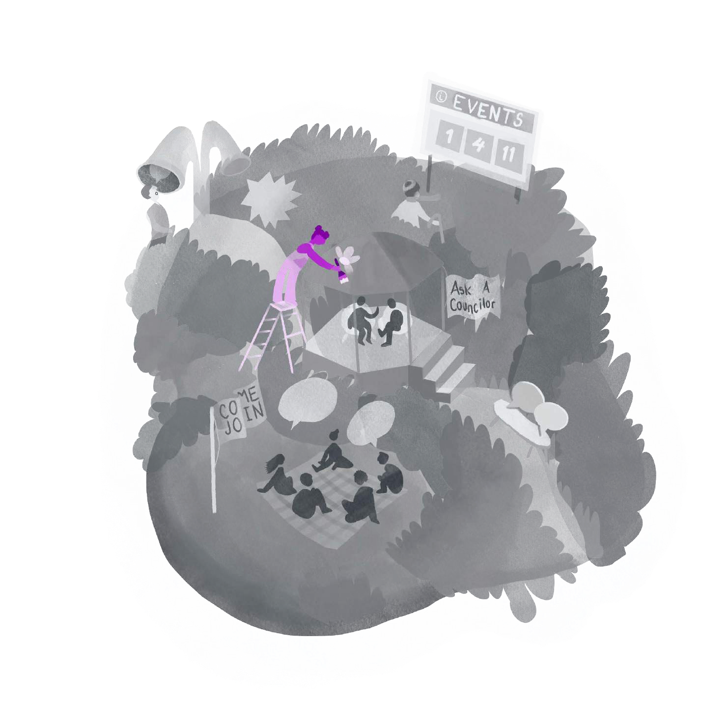 Illustration of an outdoor community event with an 'EVENTS' scoreboard, people picnicking, an 'Ask A Councilor' stall, and a 'COME JOIN' sign.