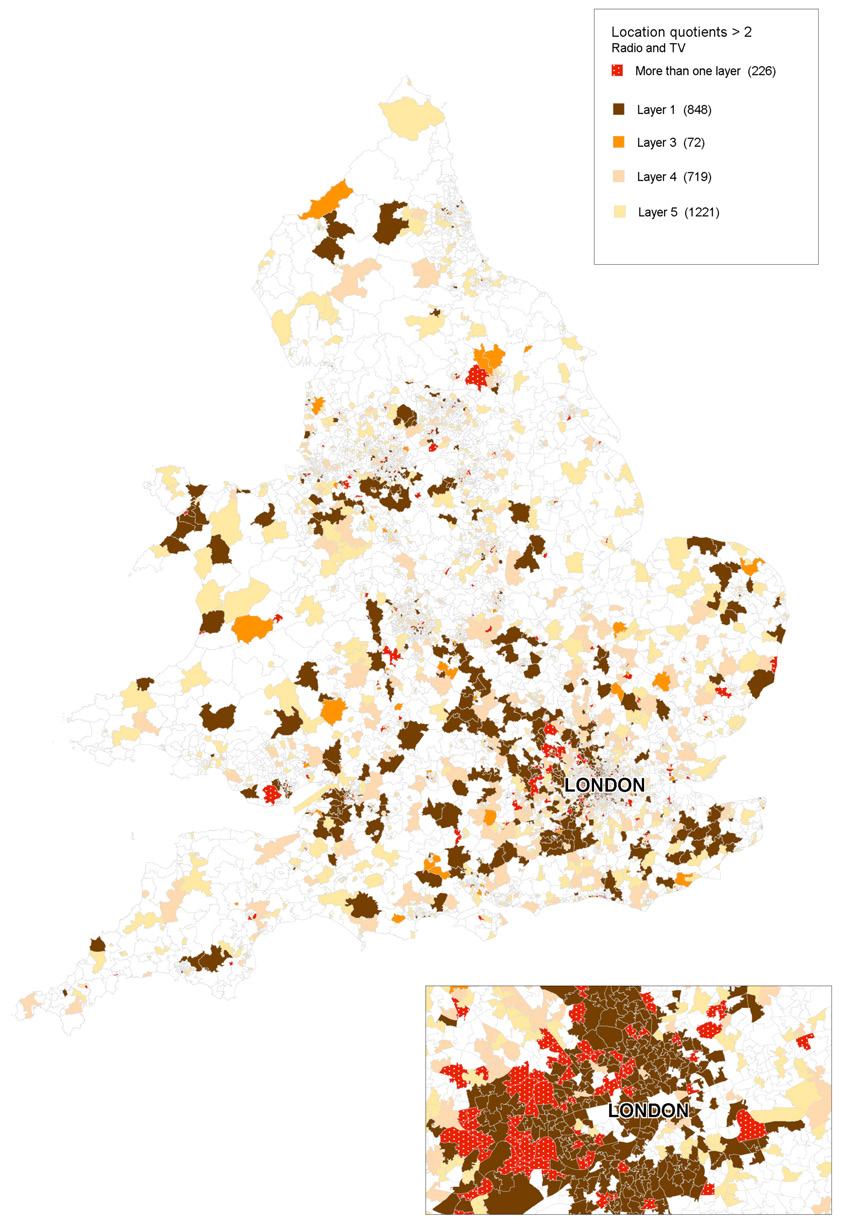 Map of England showing Designer Fashion firms' location quotients greater than 2 by MSOA, categorized by layers (Layers 1, 3, 4, 5, and More than one layer), with a zoomed-in view of London.