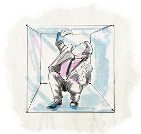 Illustration of a man crouched inside a transparent cube, symbolizing feeling confined or restricted.