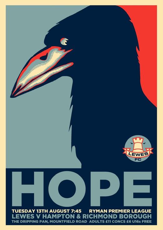 A stylized poster for Lewes FC match with a large crow illustration, "HOPE" text, and match details including date, teams, and ticket prices.