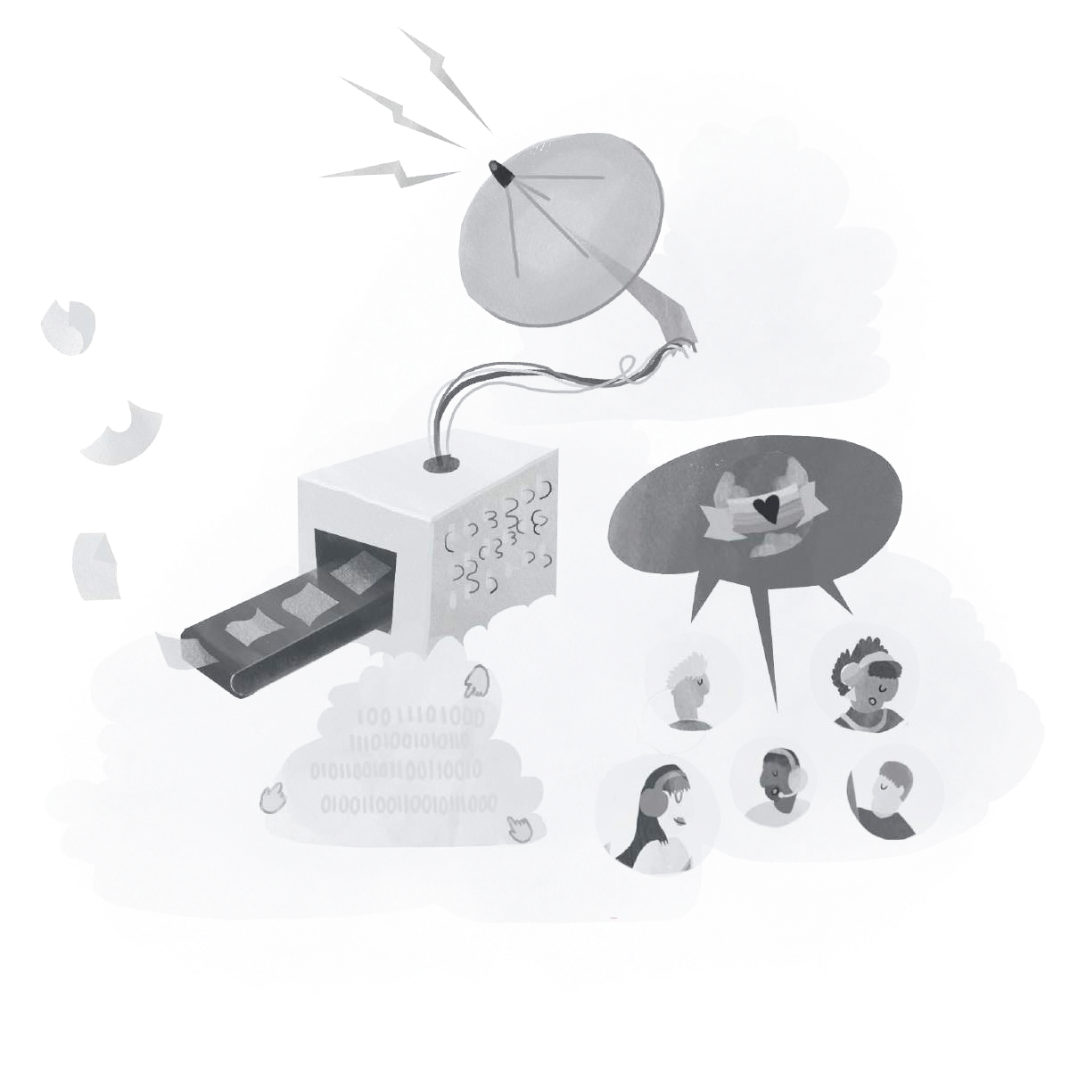 Conceptual diagram showing a satellite broadcasting information to a processing unit that generates binary code, which then reaches a diverse group of people, symbolizing communication or data flow.