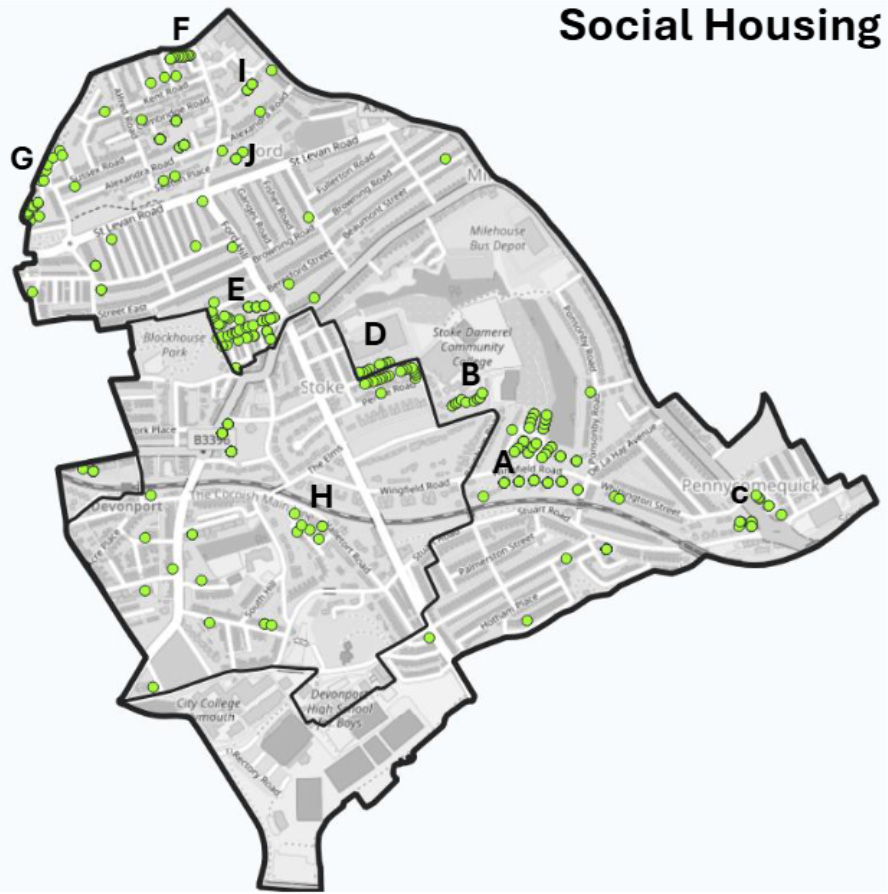 Map showing the distribution of social housing units (green circles) across different sections (A-I) of an urban area.