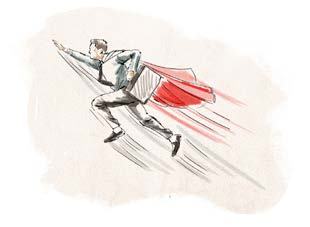 Illustration of a businessman flying like a superhero with a red cape and briefcase, symbolizing speed, progress, or exceptional performance.