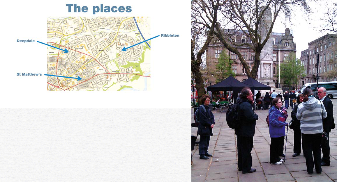 A split image showing a map with "Deepdale, Ribbleton, St Matthew's" highlighted and a group of people gathered outside an old building.