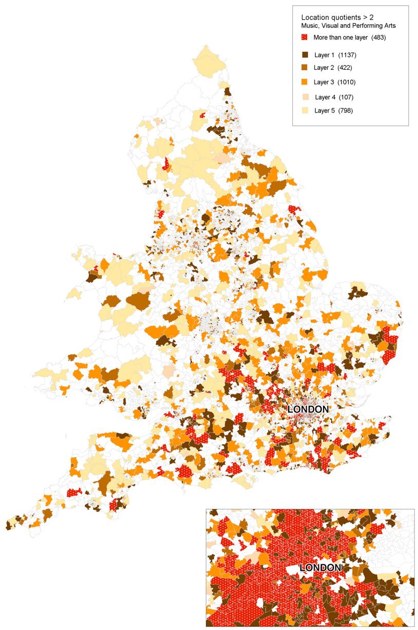 Map of England showing location quotients greater than 2 for Music, Visual and Performing Arts across five layers, with a London zoom.