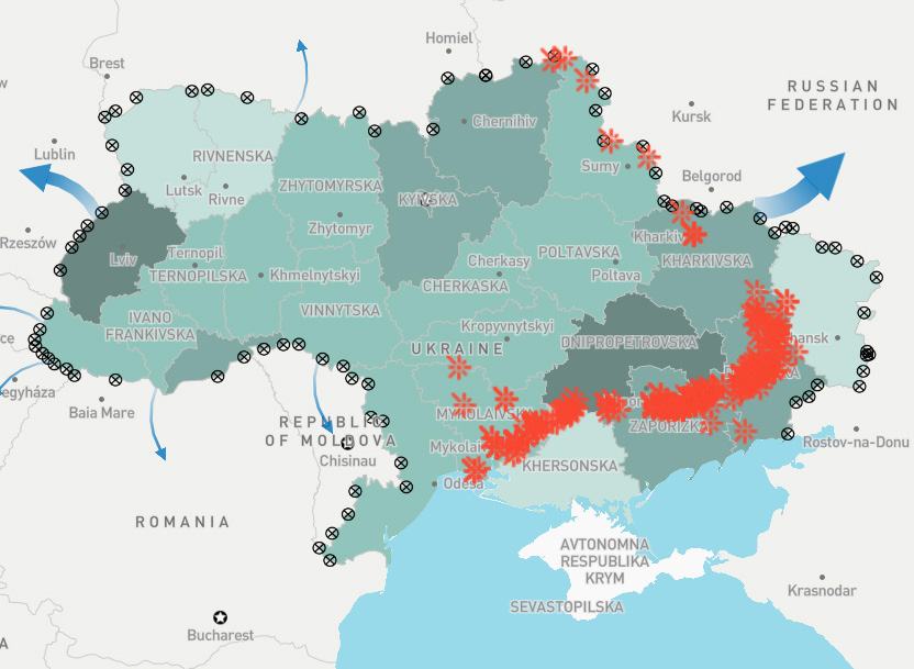 Map of Ukraine showing administrative regions, neighboring countries, marked locations (circles with crosses), events (red starbursts), and movements (blue arrows).