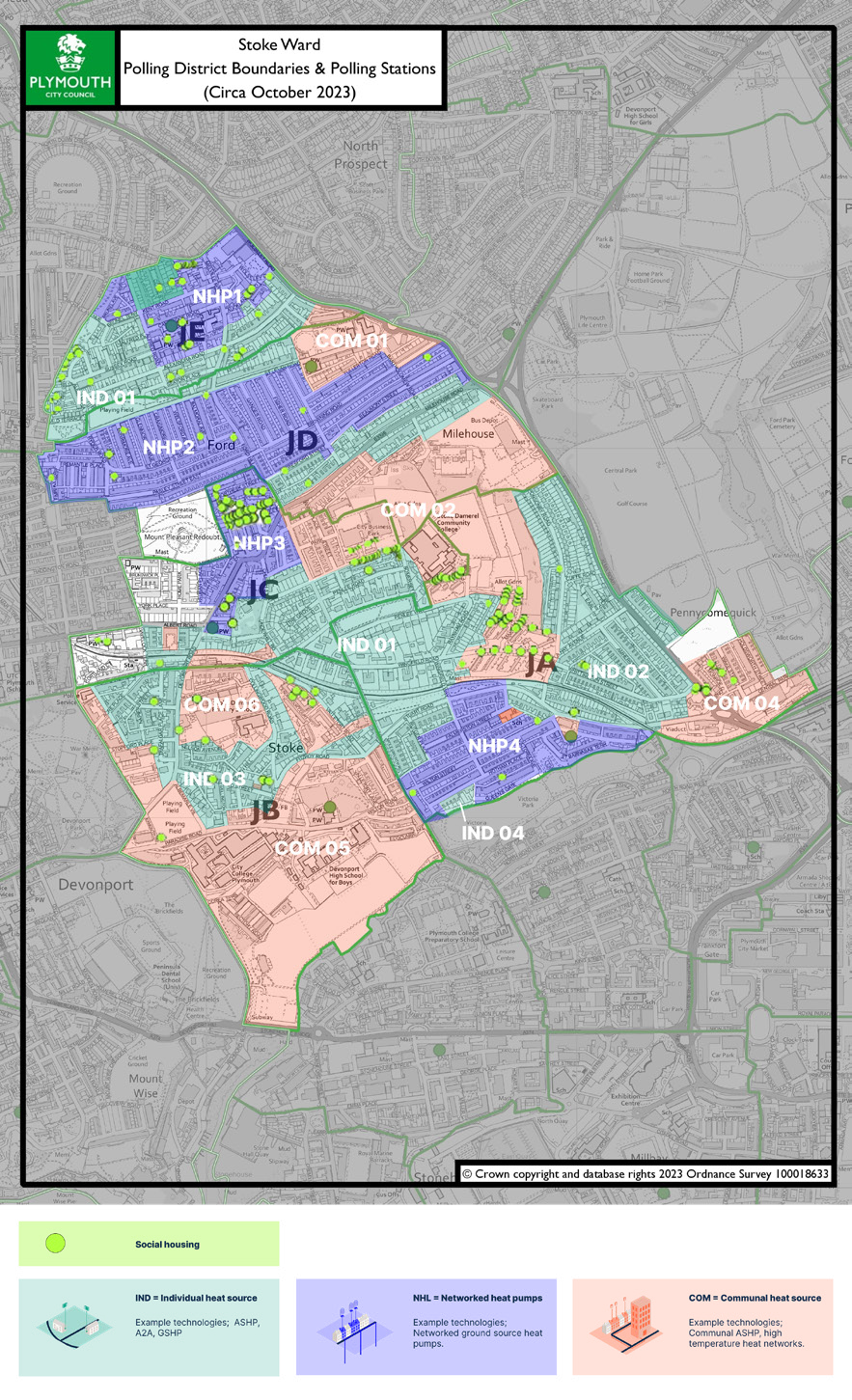 Map of Stoke Ward showing polling district boundaries and planned heat source types: green for individual, blue for networked heat pumps, and pink for communal heat sources.