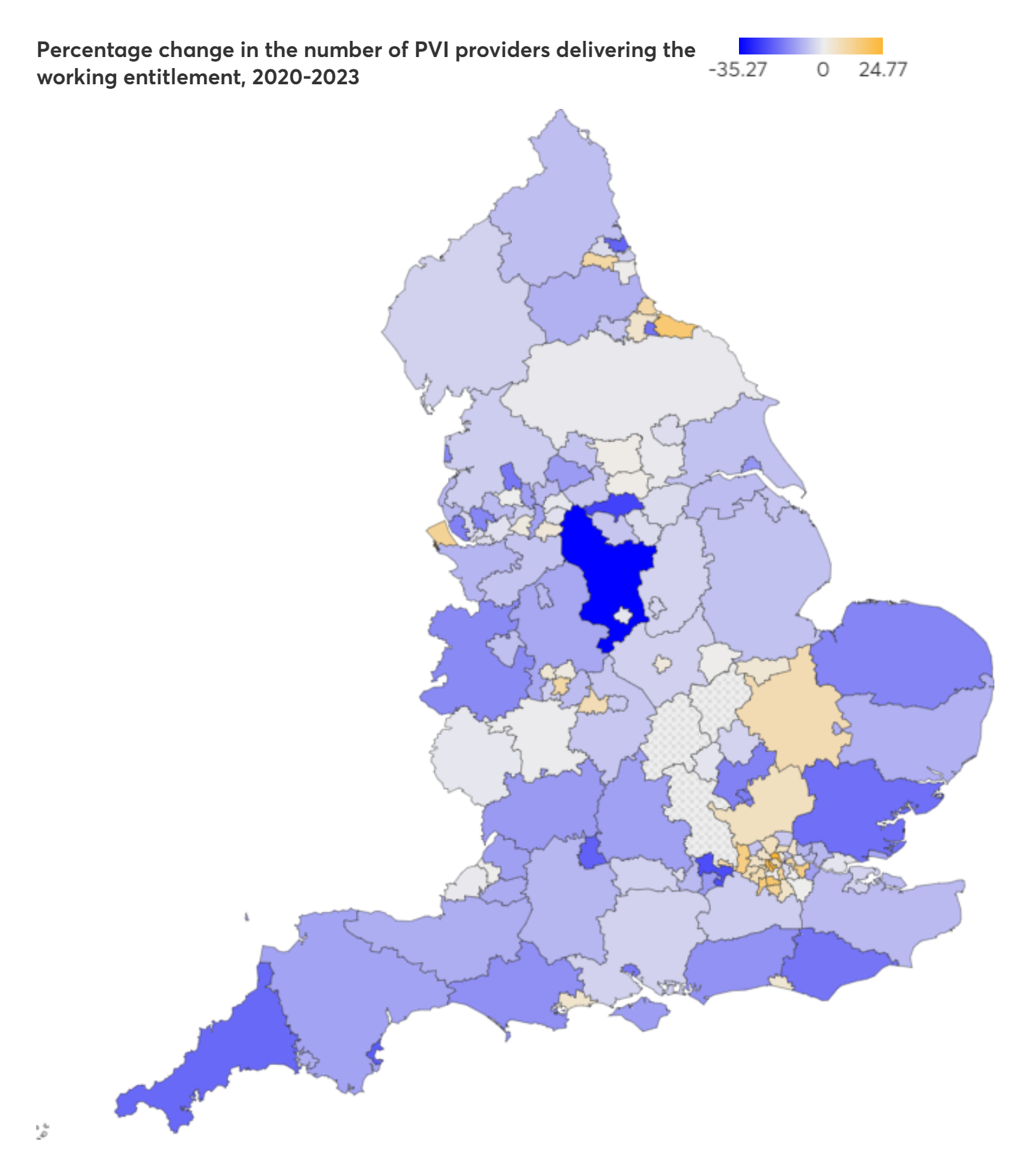 Map of England showing percentage change in PVI providers delivering the working entitlement (2020-2023), with a blue-to-orange color scale.