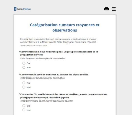 Screenshot of a web page for categorizing rumors, beliefs, and observations, showing comments with corresponding codes and Yes/No radio button options.