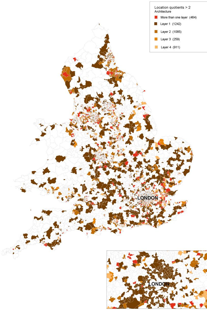 Map of England showing location quotients greater than 2 for Architecture across four layers, with a London zoom.