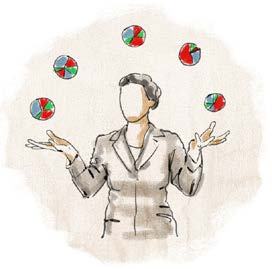 Illustration of a woman juggling five pie charts, symbolizing multitasking, managing multiple responsibilities, or portfolio allocation.