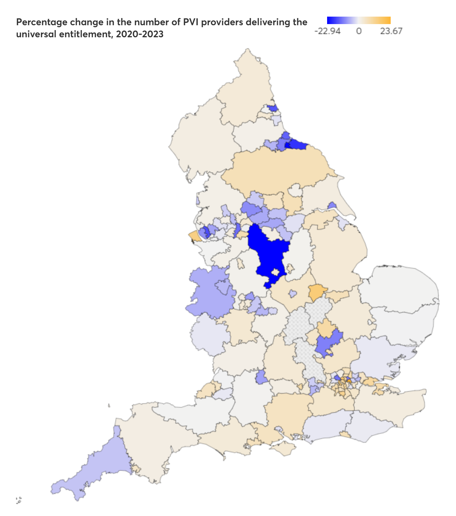 Map of England showing percentage change in PVI providers delivering the universal entitlement (2020-2023), with a blue-to-orange color scale.
