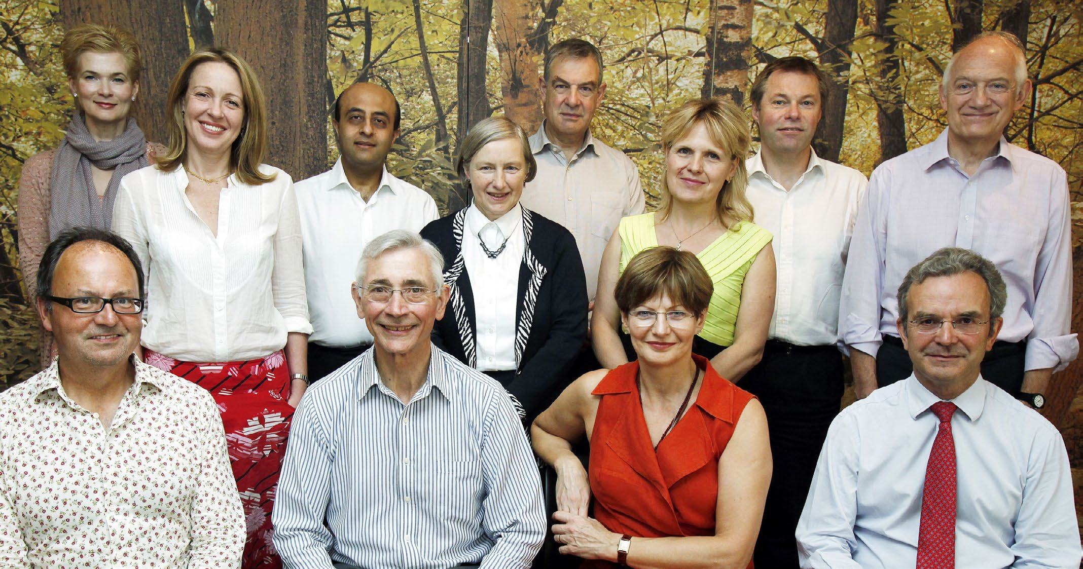 Group portrait of twelve individuals, likely a team or board, standing and sitting in front of a tree-patterned backdrop.
