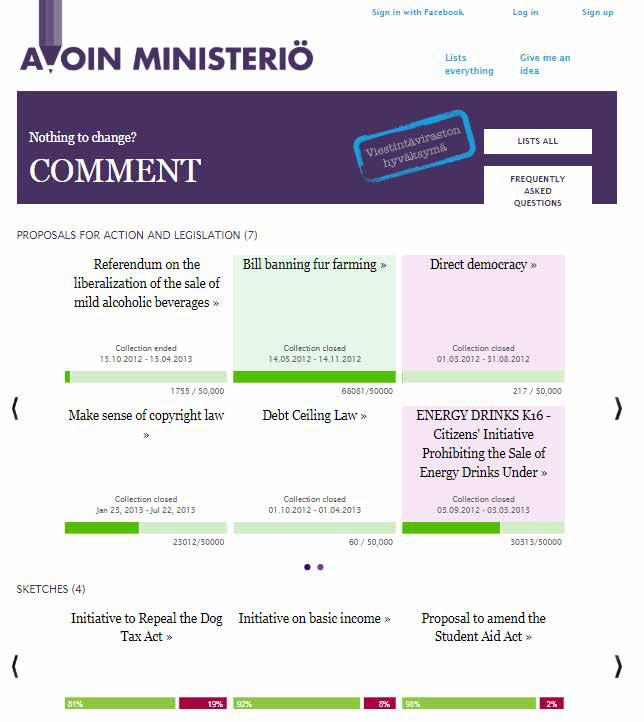 Screenshot of the "AVOIN MINISTERIÖ" website, displaying various legislative proposals with their collection status and progress bars.