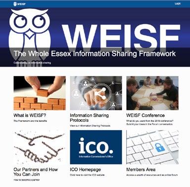 Screenshot of the WEISF website homepage, featuring an owl logo, main title, and six content sections with images and descriptions.