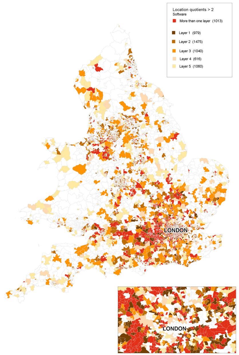 Map of England showing location quotients greater than 2 for Software across five layers, with a London zoom.