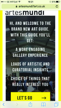 Screenshot of a mobile website welcome screen for an art guide, listing benefits like "engaging gallery experience" and "artistic insights," with a "LET'S GO" button.