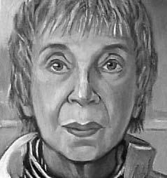 Black and white painted portrait of an older woman with short hair, wearing a striped top.